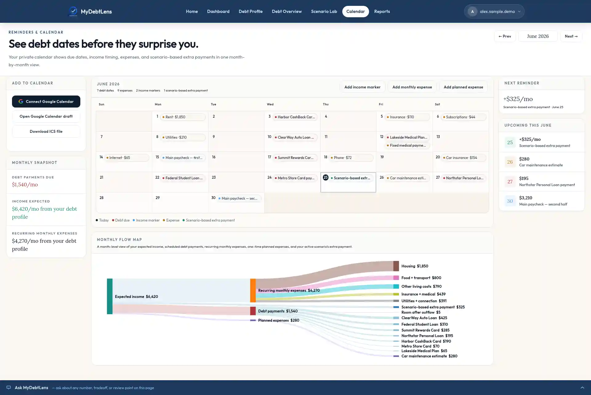 MyDebtLens Calendar preview showing due dates, income timing, and scenario-based extra payments in a month view.