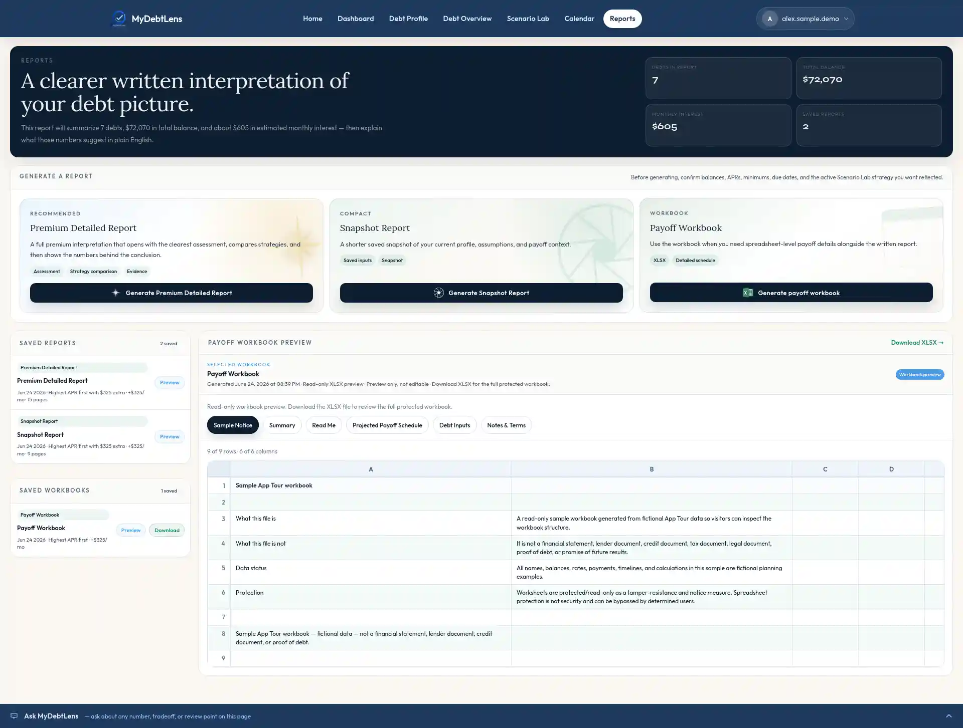 Reports page showing Premium Detailed Report, Snapshot Report, Payoff Workbook, saved reports, saved workbooks, and private viewer.