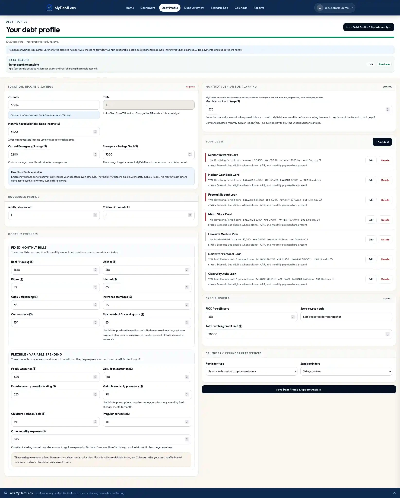 Debt Profile page showing location, income, debt rows, monthly expenses, credit profile, and reminder preferences.
